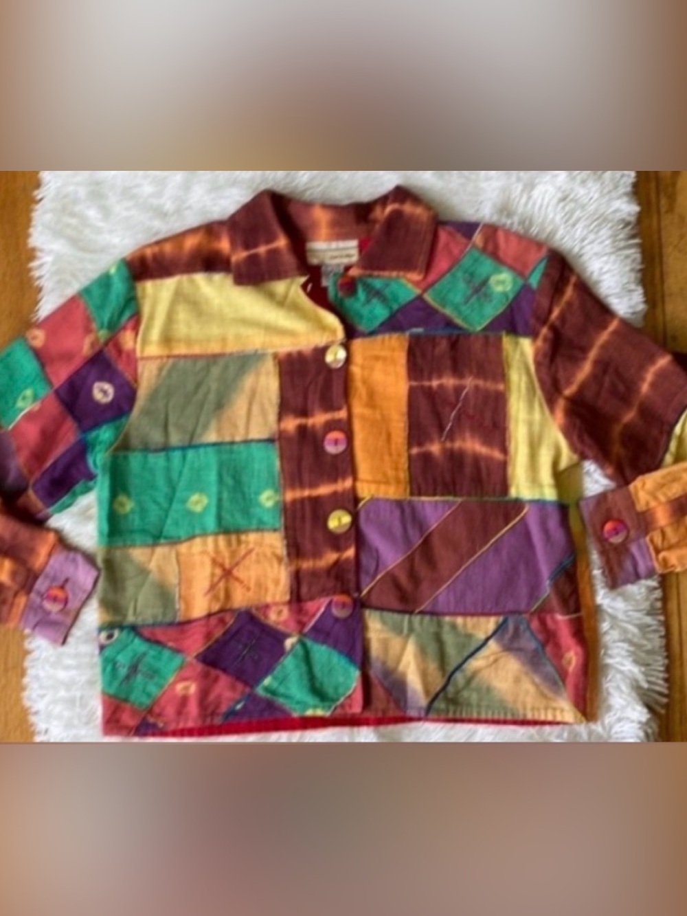 Carrie Allen Colorblock Patchwork Button-Up Jacket in Teal, Purple & Mustard